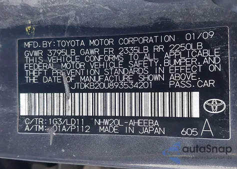 2009 Toyota Prius Touring z USA, uszkodzony, nr VIN JTDKB20U893534201